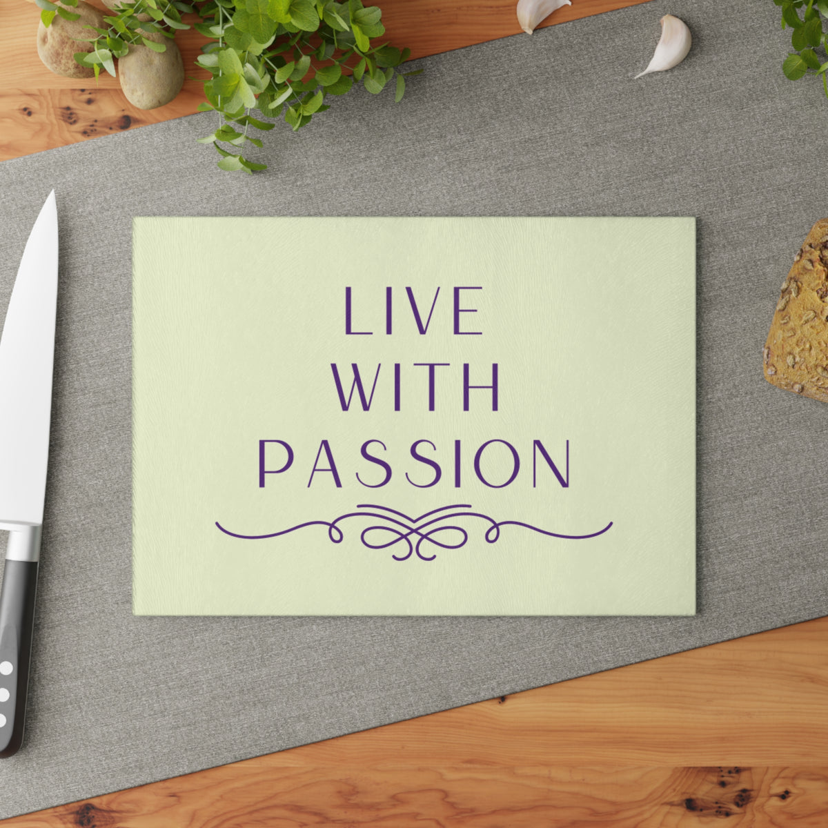 Glass Cutting Board – "Live With Passion" Mint & Purple Inspirational Kitchen Decor