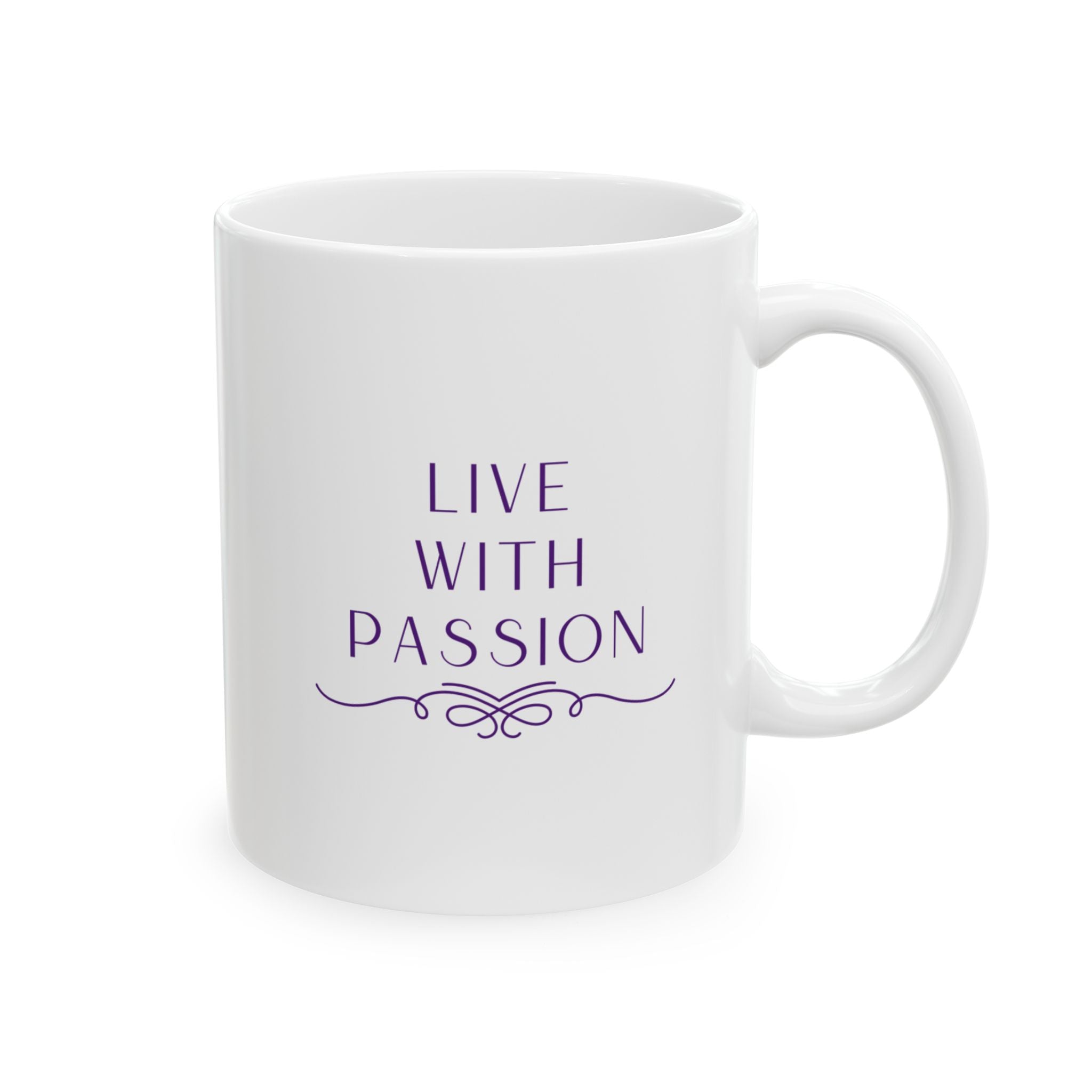 Inspirational Ceramic Mug – "Live with Passion" Purple Script (11oz, 15oz)
