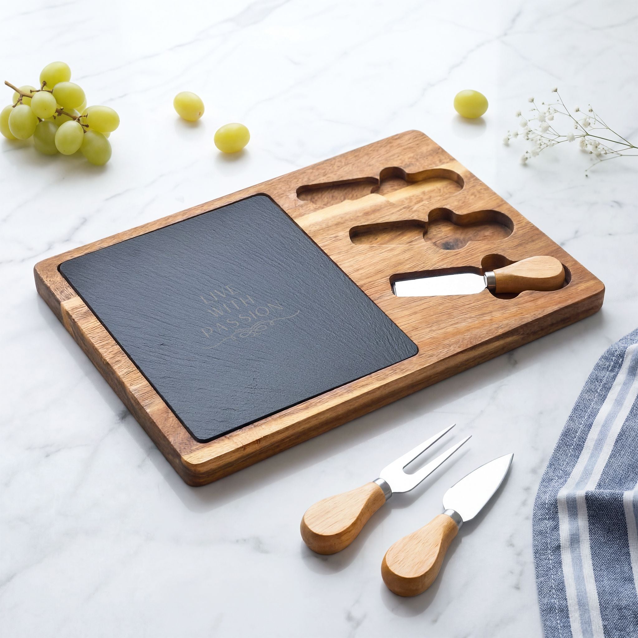 Engraved Acacia Charcuterie Board with Slate Insert & 3-Piece Cheese Knife Set – "Live With Passion"