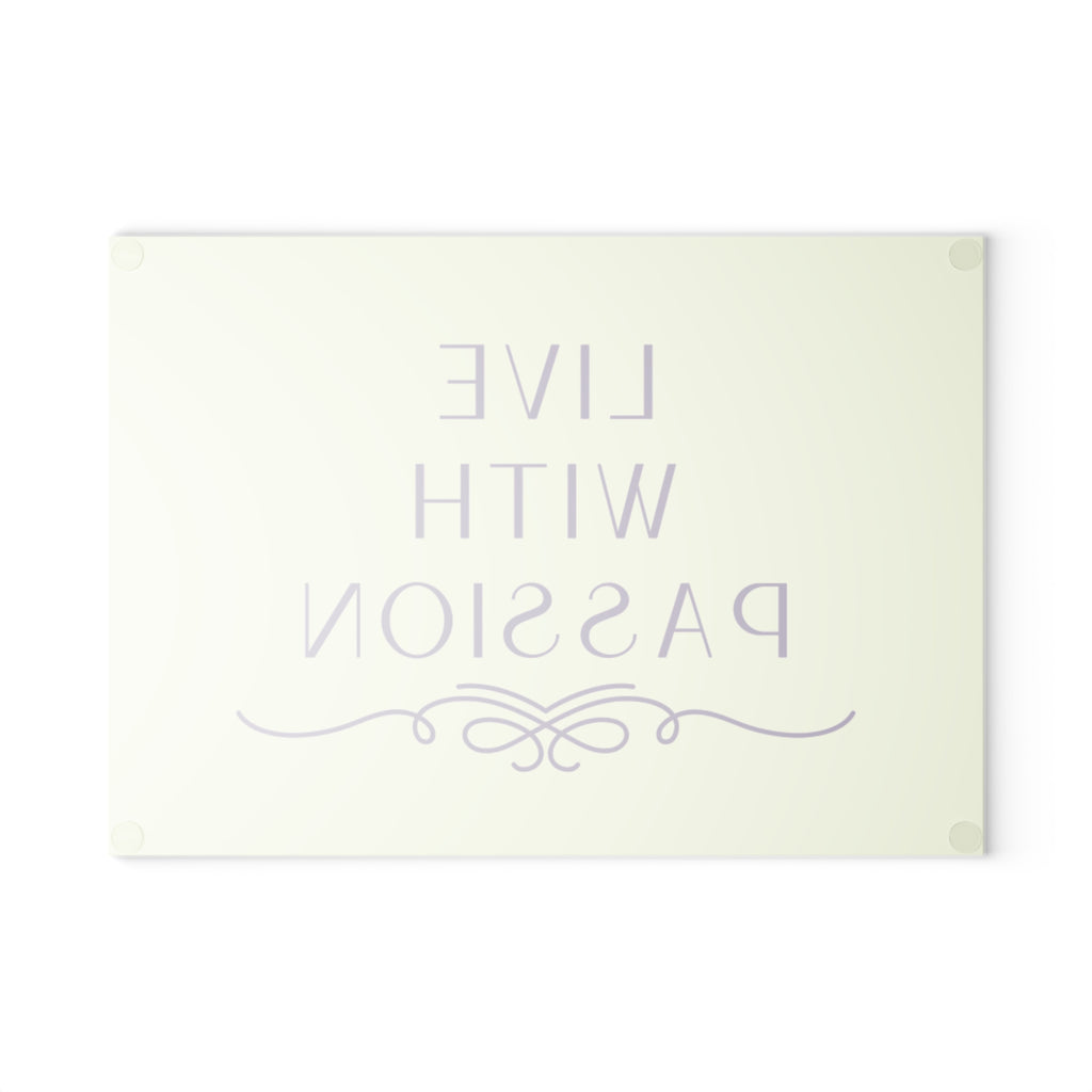 Glass Cutting Board – "Live With Passion" Mint & Purple Inspirational Kitchen Decor