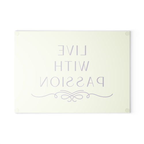 Glass Cutting Board – "Live With Passion" Mint & Purple Inspirational Kitchen Decor