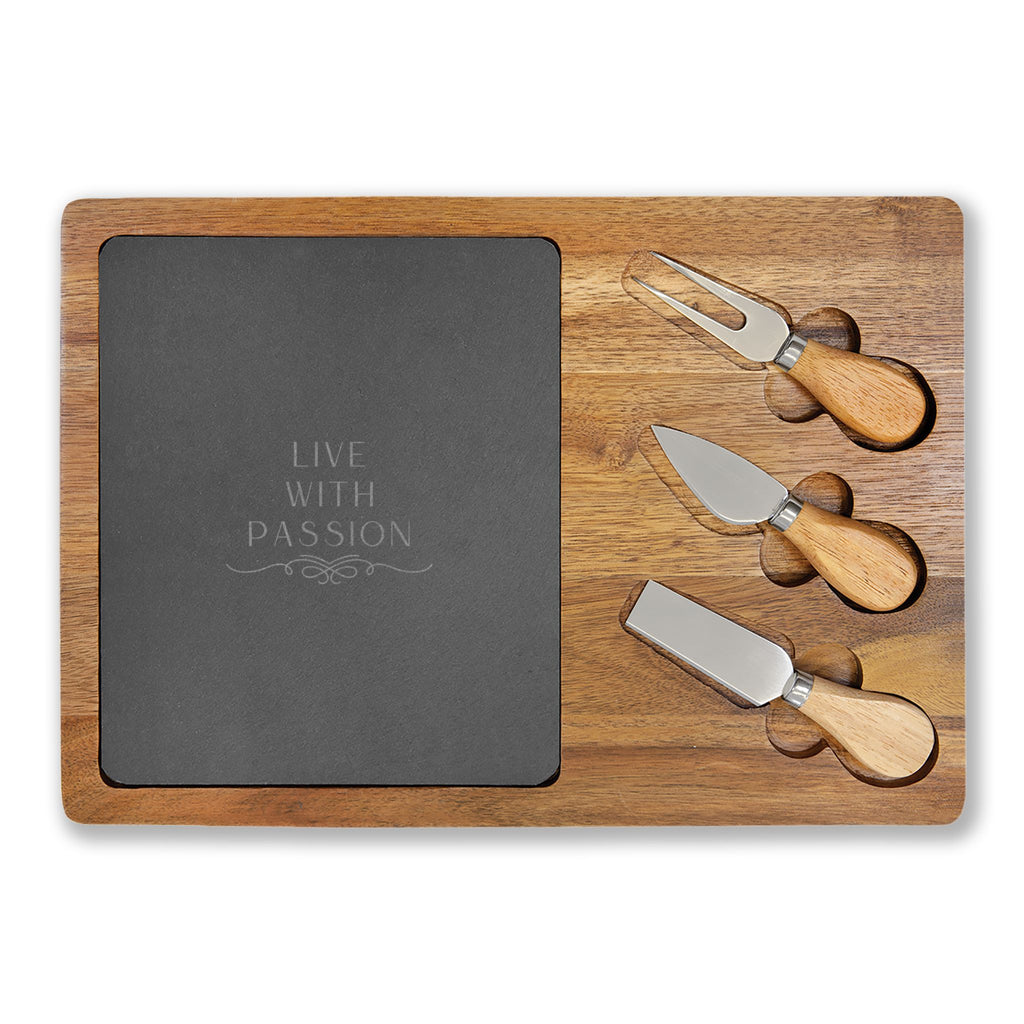 Engraved Acacia Charcuterie Board with Slate Insert & 3-Piece Cheese Knife Set – "Live With Passion"