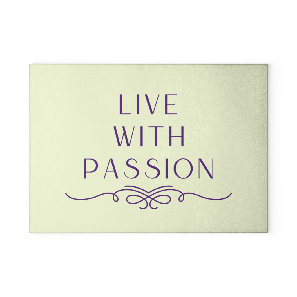 Glass Cutting Board – "Live With Passion" Mint & Purple Inspirational Kitchen Decor
