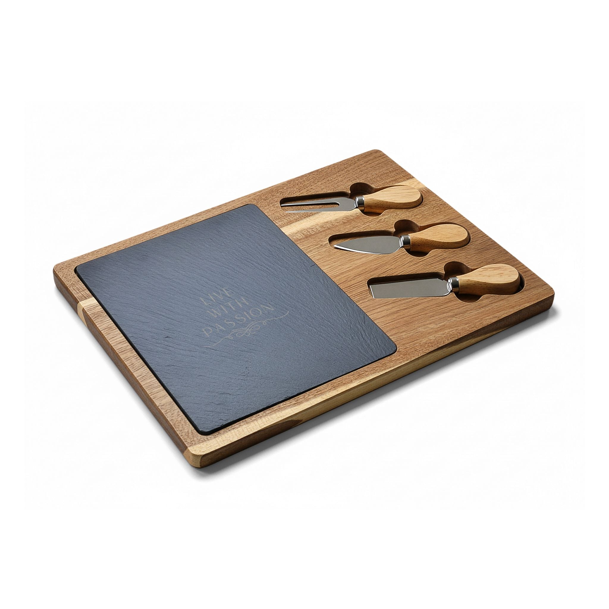 Engraved Acacia Charcuterie Board with Slate Insert & 3-Piece Cheese Knife Set – "Live With Passion"