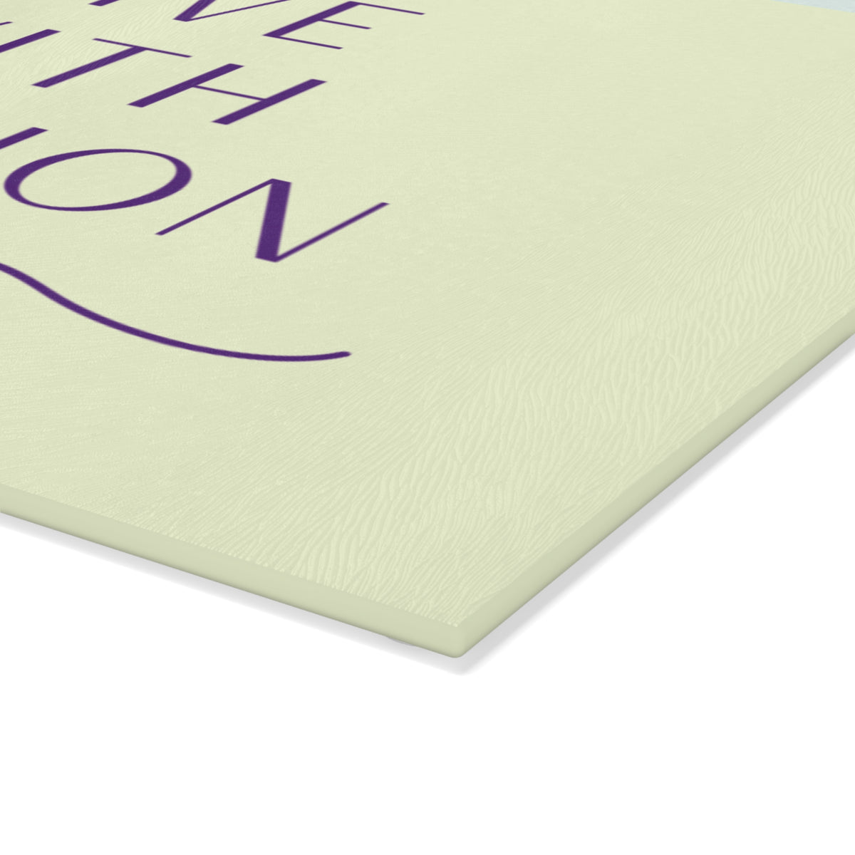 Glass Cutting Board – "Live With Passion" Mint & Purple Inspirational Kitchen Decor
