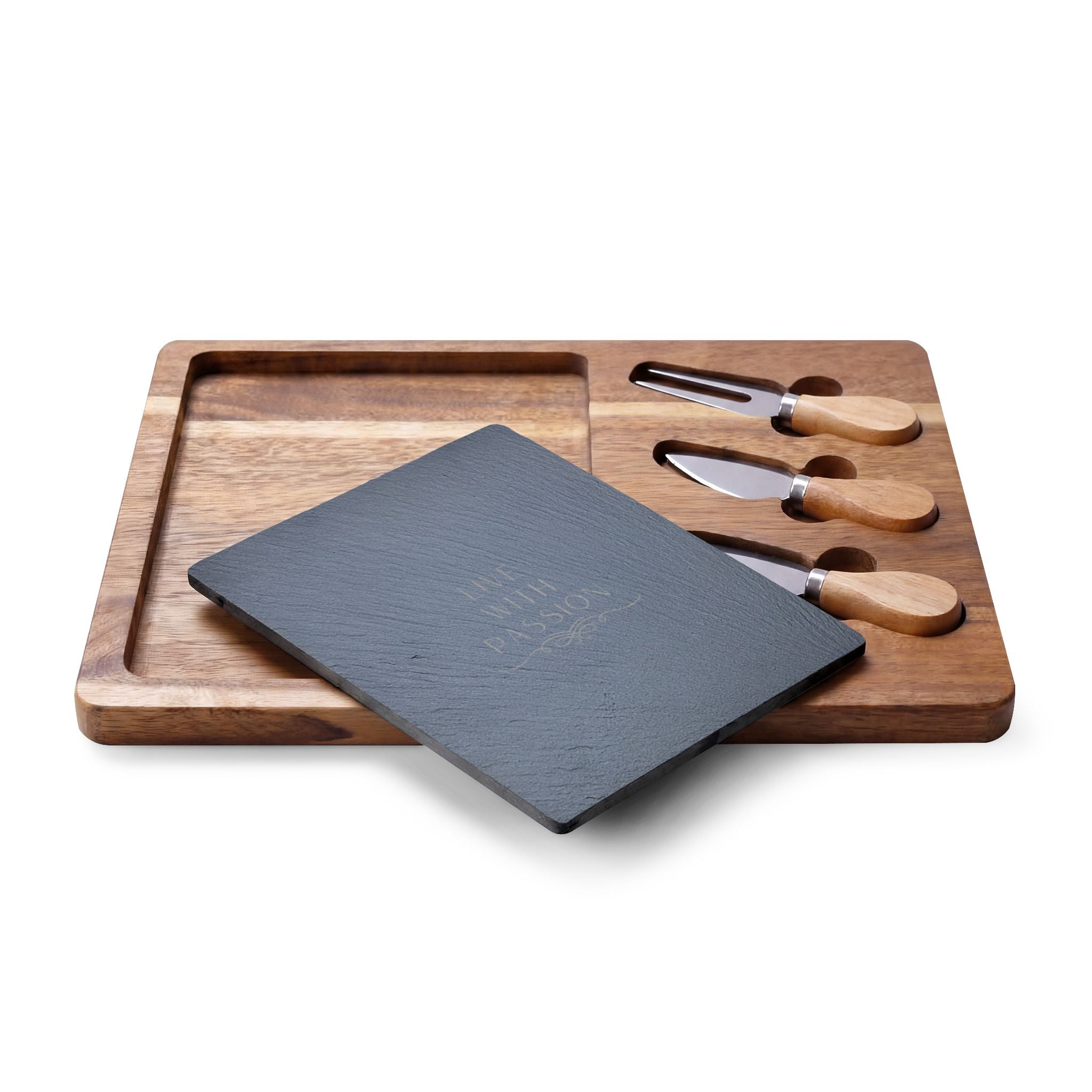 Engraved Acacia Charcuterie Board with Slate Insert & 3-Piece Cheese Knife Set – "Live With Passion"