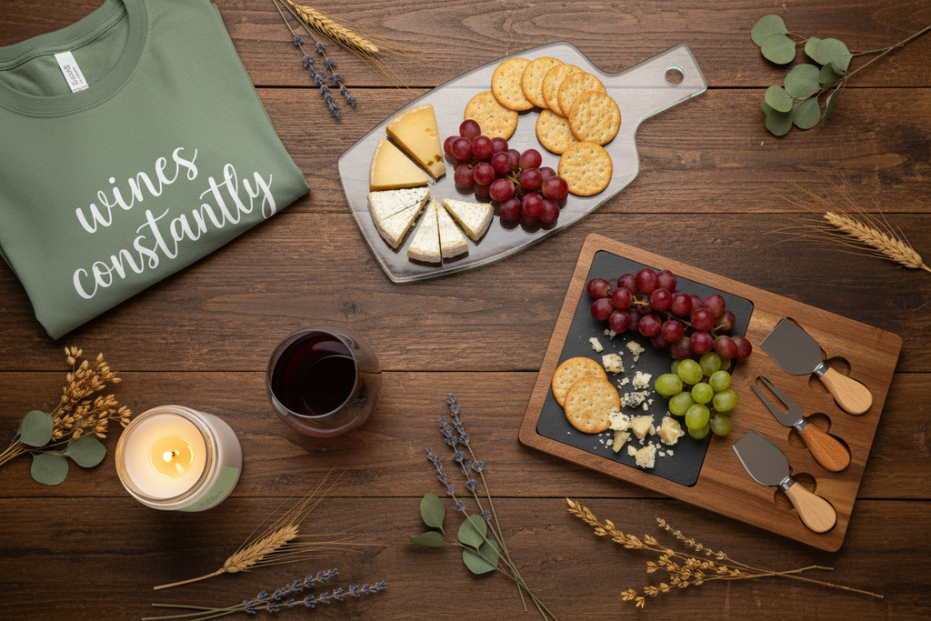 Wine and cheese lifestyle flat lay featuring all Live With Passion products