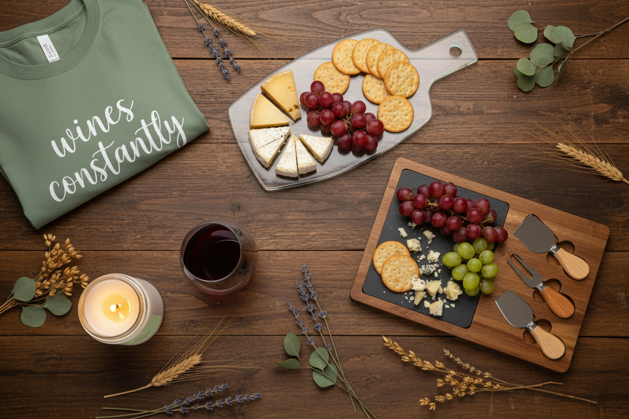 Wine and cheese lifestyle flat lay featuring all Live With Passion products