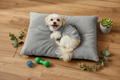 Happy dog with open eyes on plush pet bed wearing tank top - Pet Bed & Tank Gift Set lifestyle photo