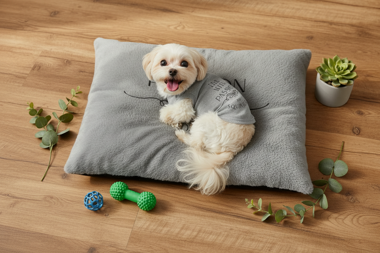 Happy dog with open eyes on plush pet bed wearing tank top - Pet Bed & Tank Gift Set lifestyle photo