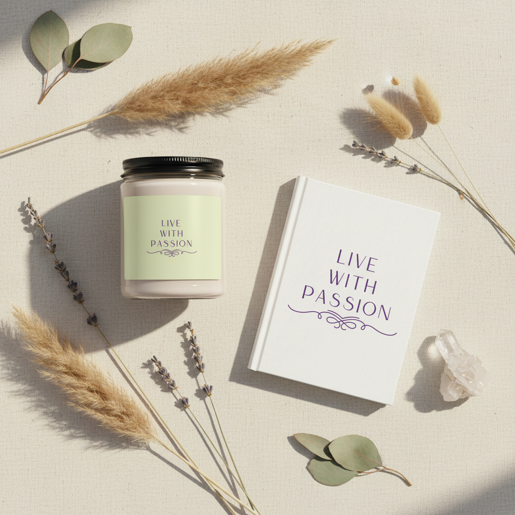 Mindfulness Gift Set with Live With Passion soy candle and journal styled with dried botanicals and crystal