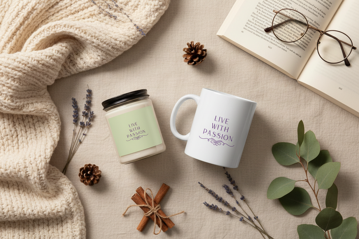 Cozy Gift Set lifestyle flat lay with Live With Passion ceramic mug and scented soy candle