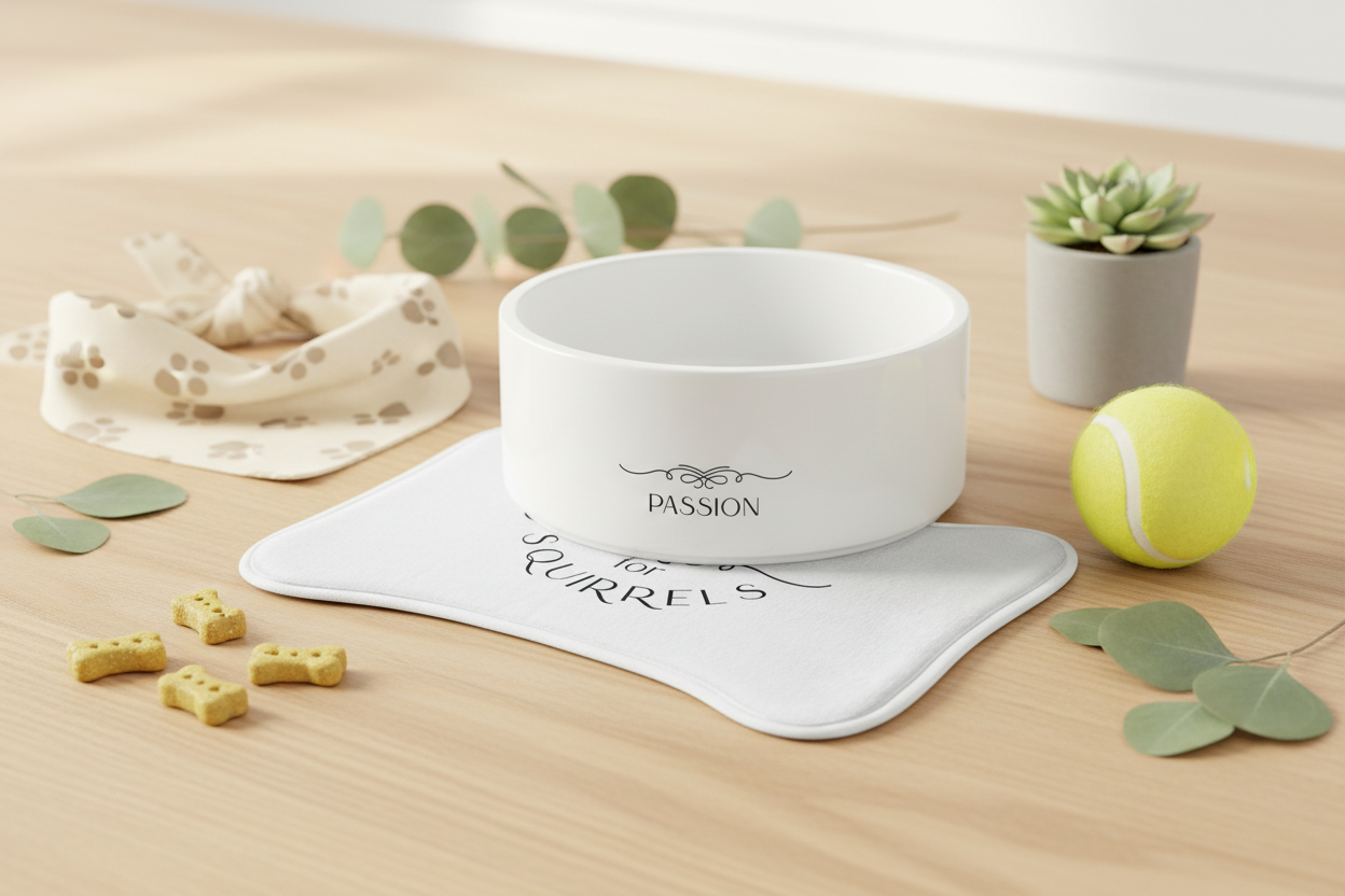 Pet Gift Set lifestyle photo with ceramic pet bowl and feeding mat at 45 degree angle