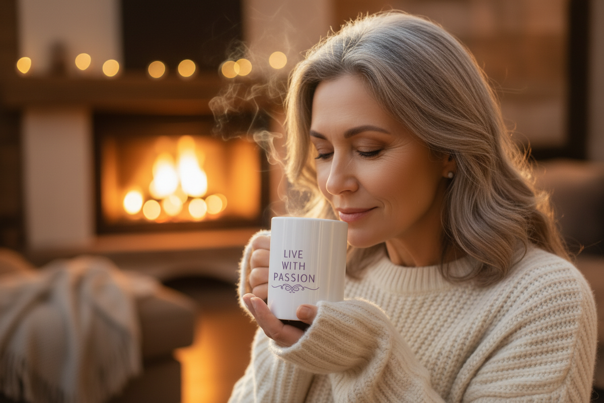 Live With Passion mug held by woman near fireplace in cozy setting